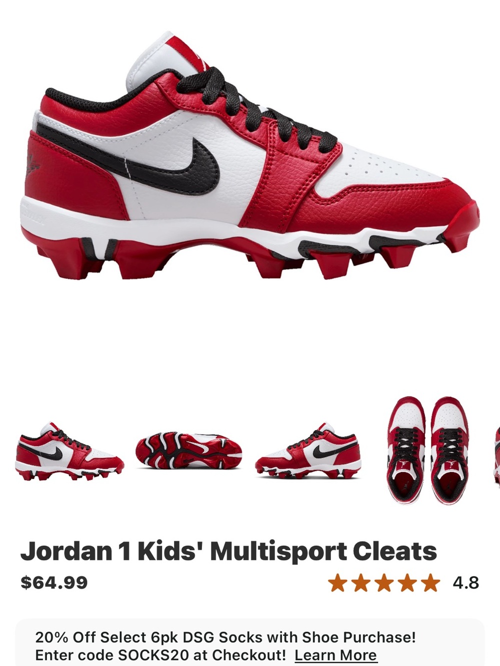 Nike Jordan 1 Kids' Multisport Cleats in Red/White/Black size 1